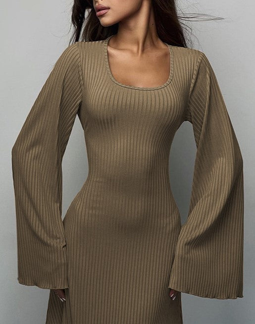 Bell Sleeve Ribbed Knit Lace Up Maxi Dress - Khaki