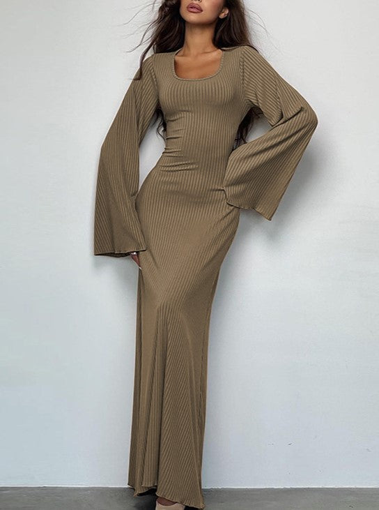 Bell Sleeve Ribbed Knit Lace Up Maxi Dress - Khaki - 1