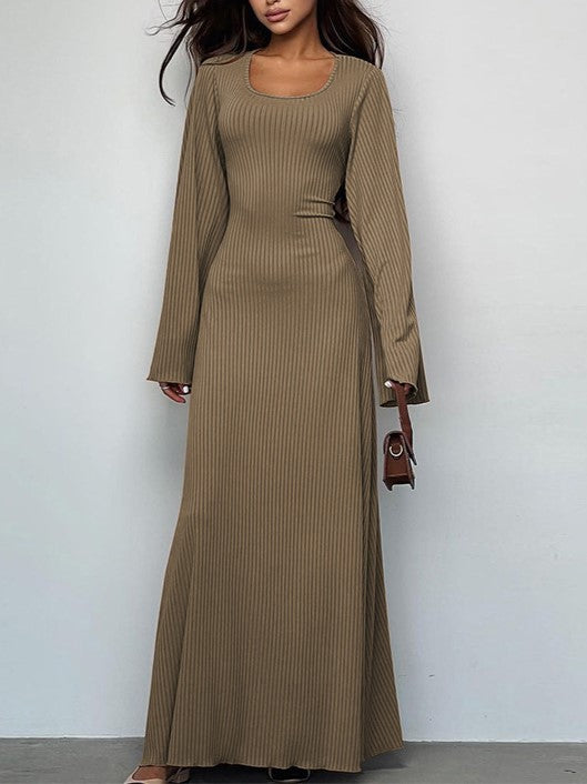 Bell Sleeve Ribbed Knit Lace Up Maxi Dress - Khaki - 2