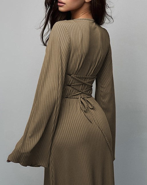 Bell Sleeve Ribbed Knit Lace Up Maxi Dress - Khaki - 3