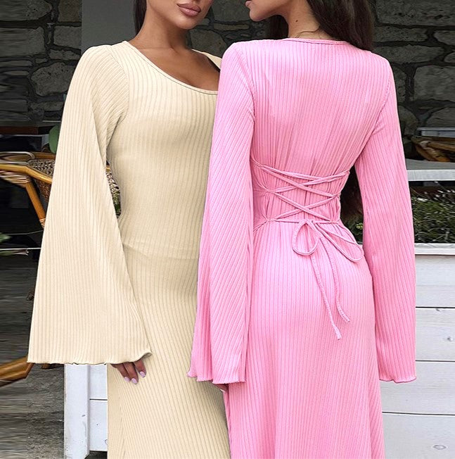 Bell Sleeve Ribbed Knit Lace Up Maxi Dress - Pink - 1