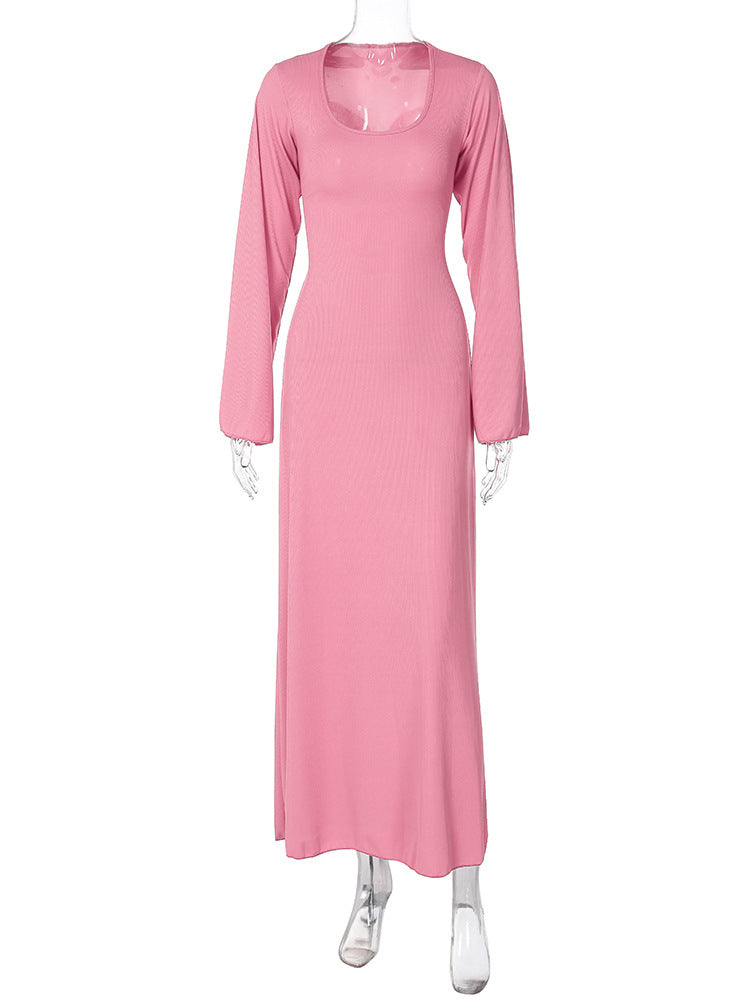 Bell Sleeve Ribbed Knit Lace Up Maxi Dress - Pink - 2
