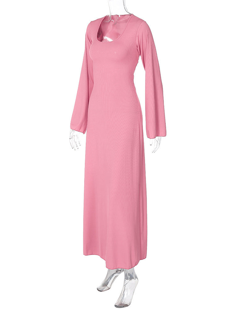 Bell Sleeve Ribbed Knit Lace Up Maxi Dress - Pink - 3