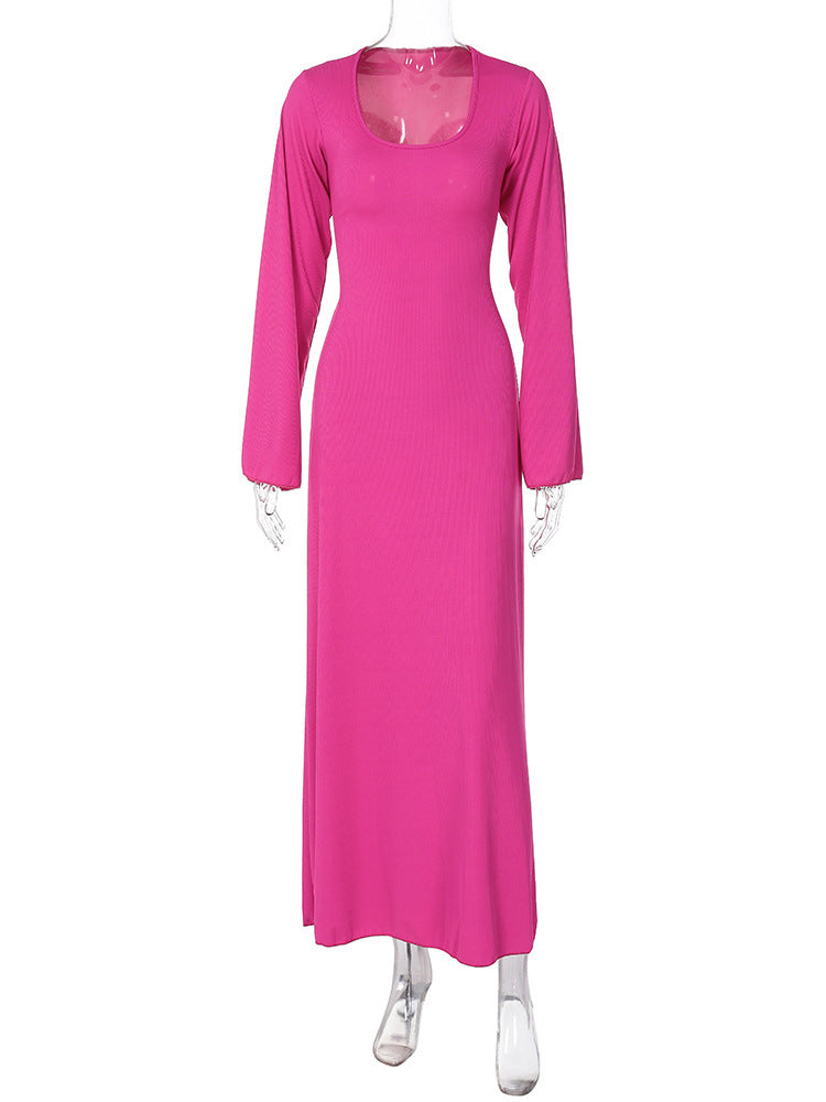 Bell Sleeve Ribbed Knit Lace Up Maxi Dress - Rosered - 2