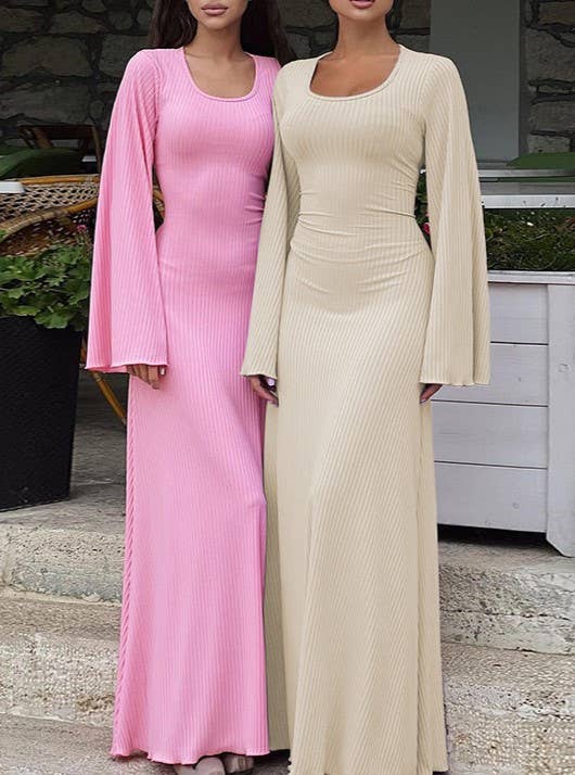 Bell Sleeve Ribbed Knit Lace Up Maxi Dress