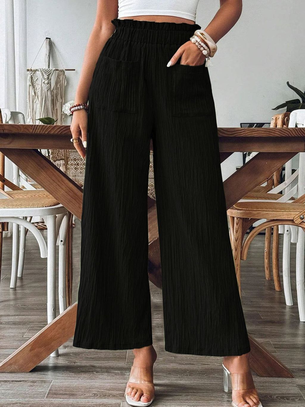 Crinkle Pleated Wide Leg Pants - Black