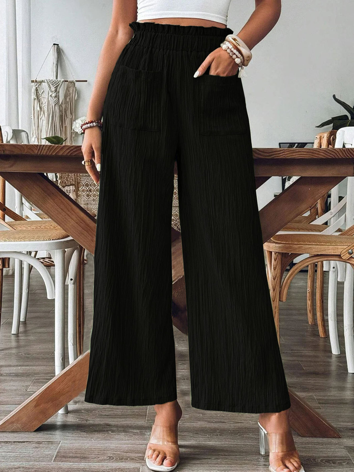 Crinkle Pleated Wide Leg Pants - Black