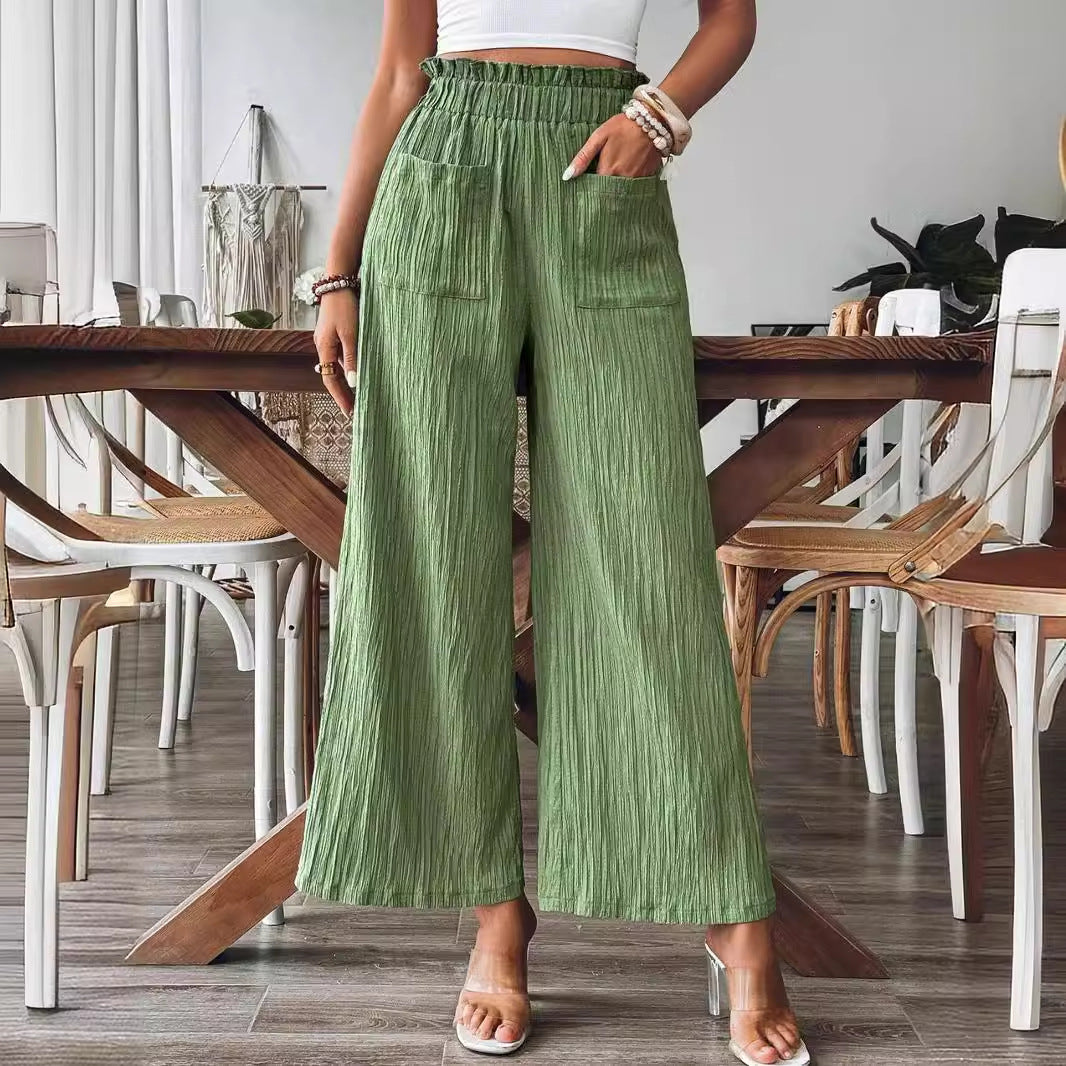 Crinkle Pleated Wide Leg Pants - Green