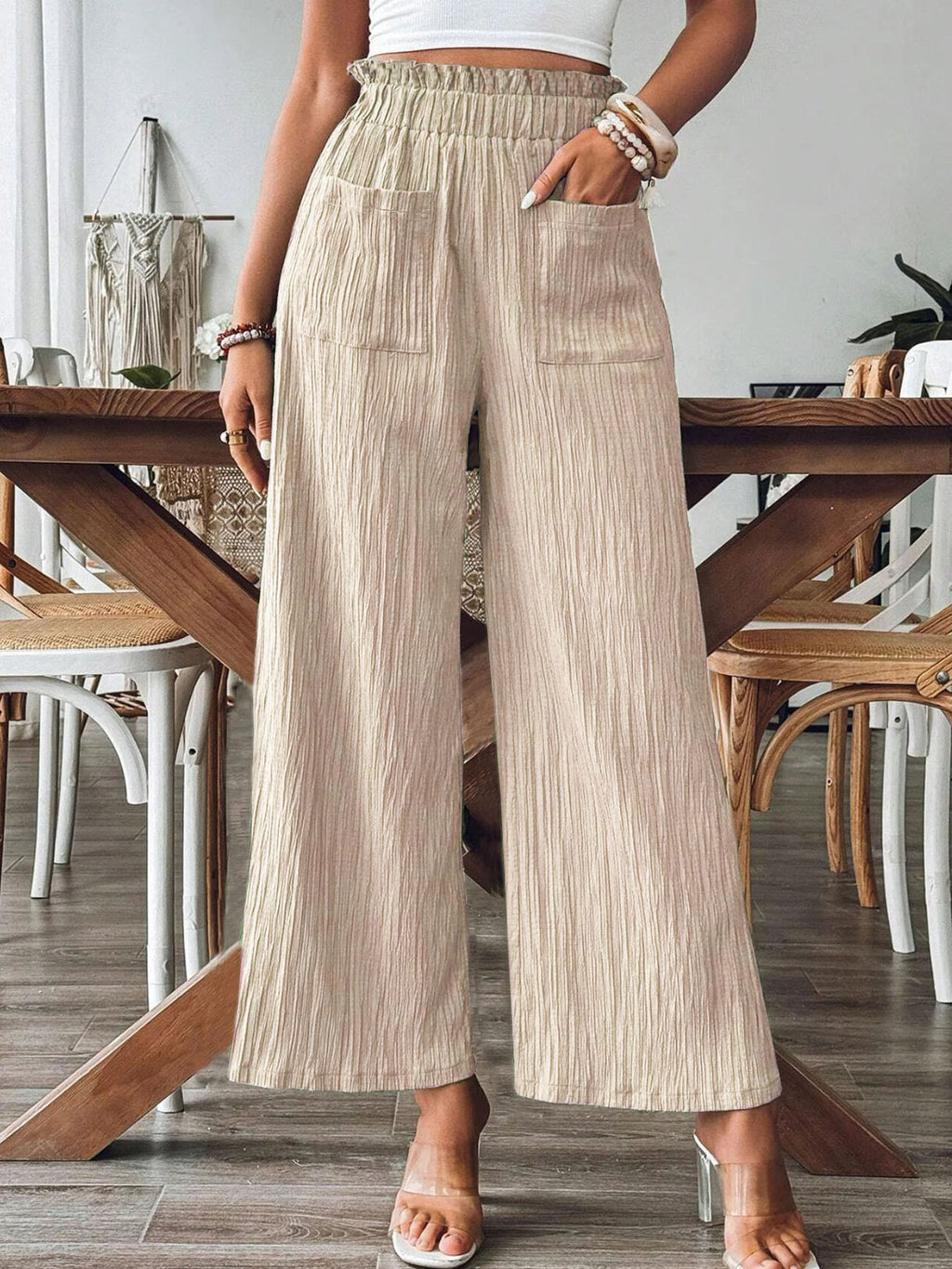Crinkle Pleated Wide Leg Pants - Off_White