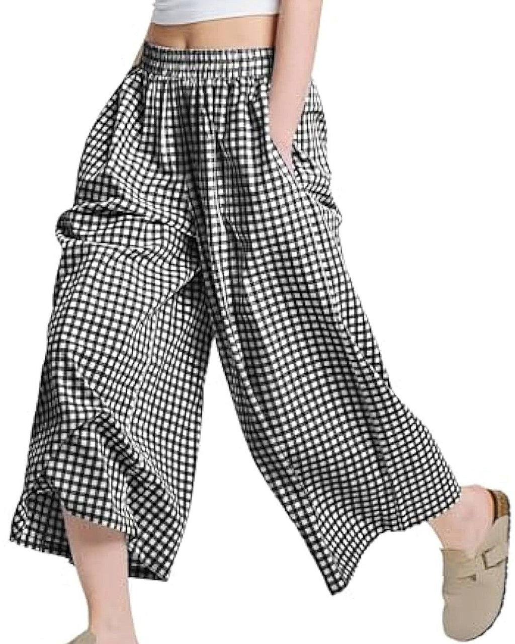 Gingham Cropped Wide Leg Culotte Pants - Black