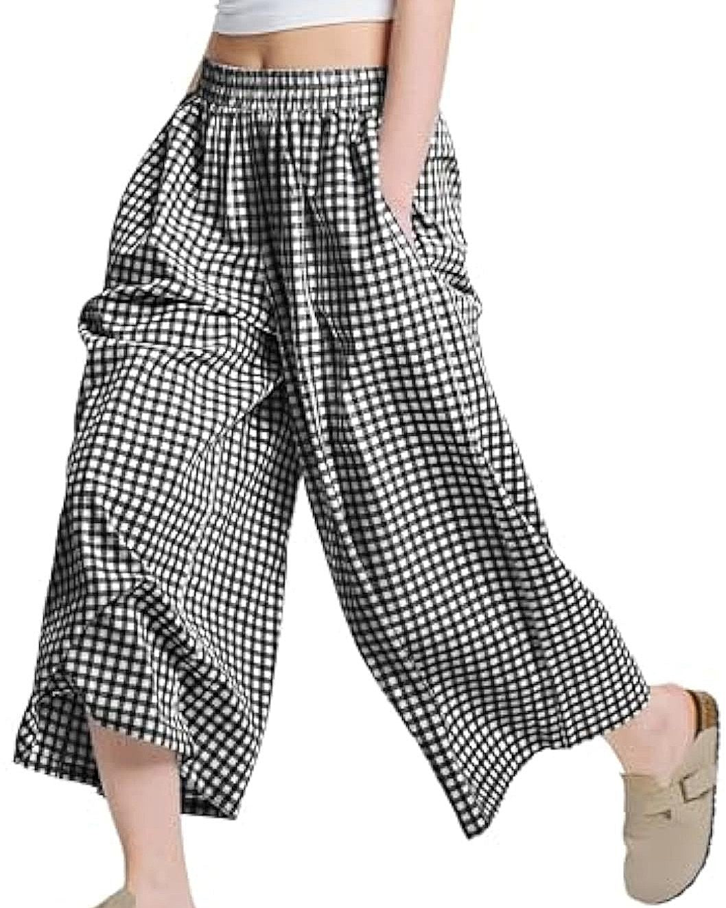 Gingham Cropped Wide Leg Culotte Pants - Black