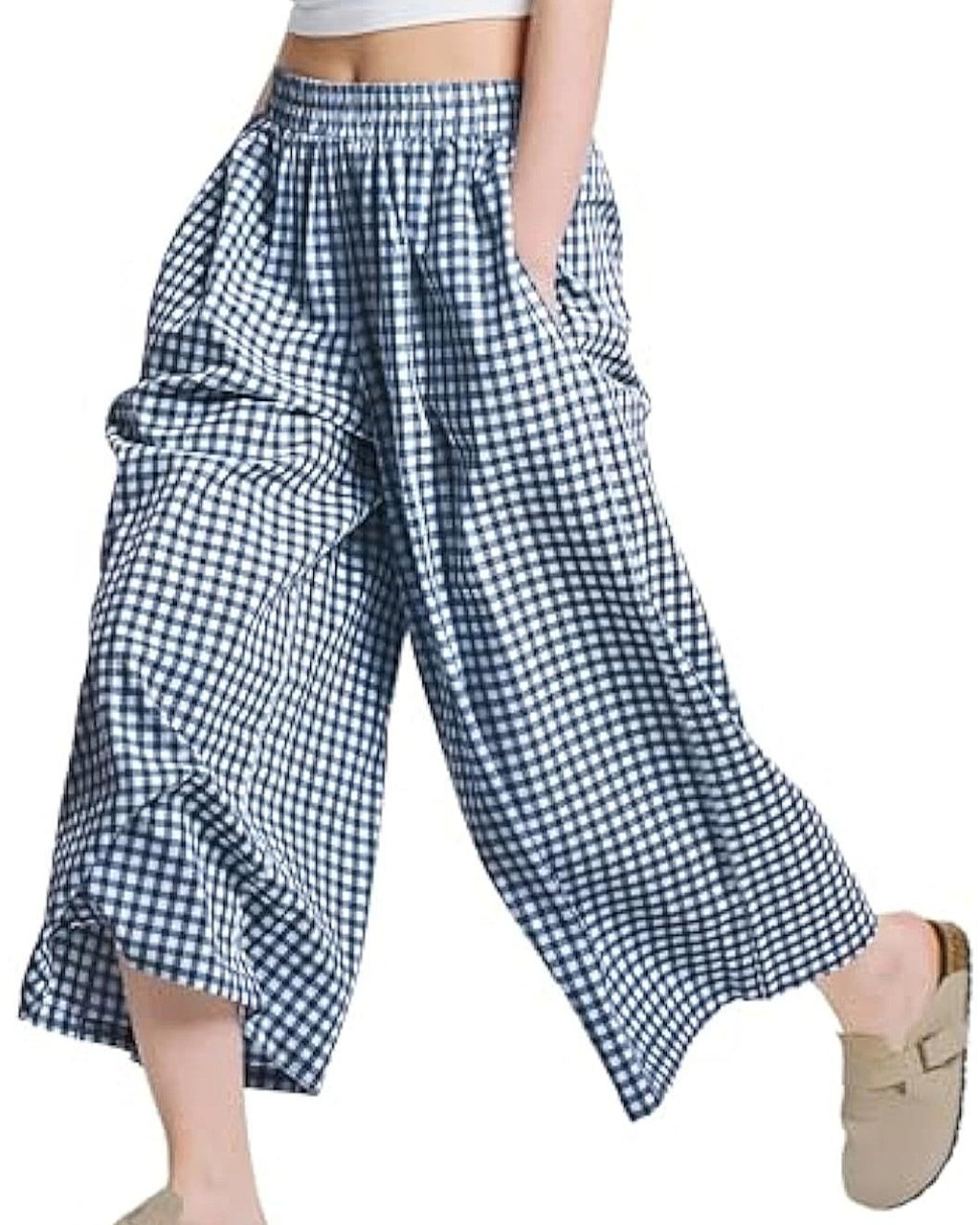 Gingham Cropped Wide Leg Culotte Pants - Blue
