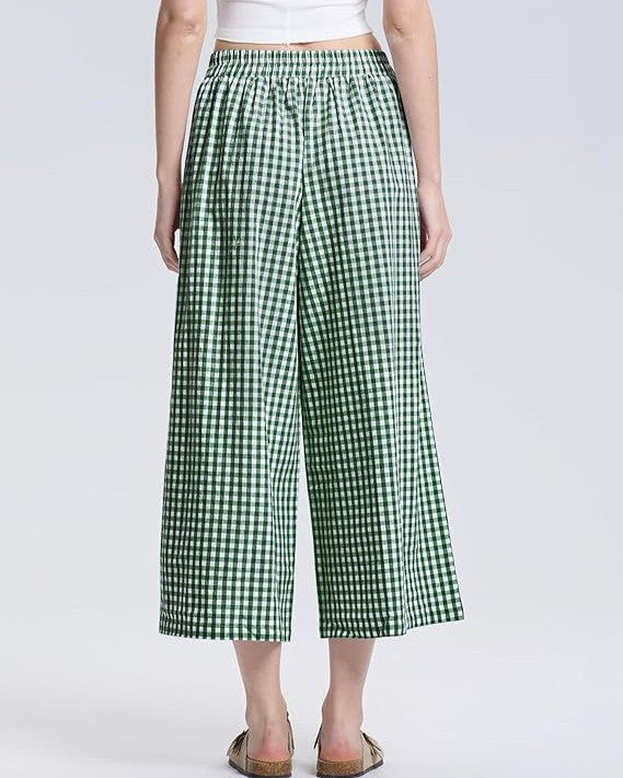 Gingham Cropped Wide Leg Culotte Pants - Green