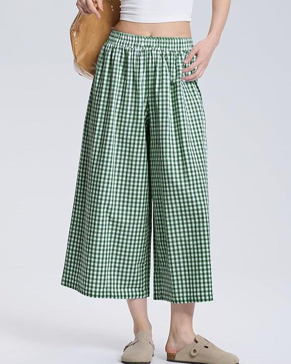 Gingham Cropped Wide Leg Culotte Pants - Green - 1