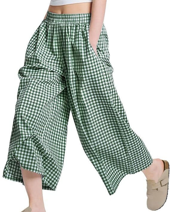 Gingham Cropped Wide Leg Culotte Pants - Green - 2