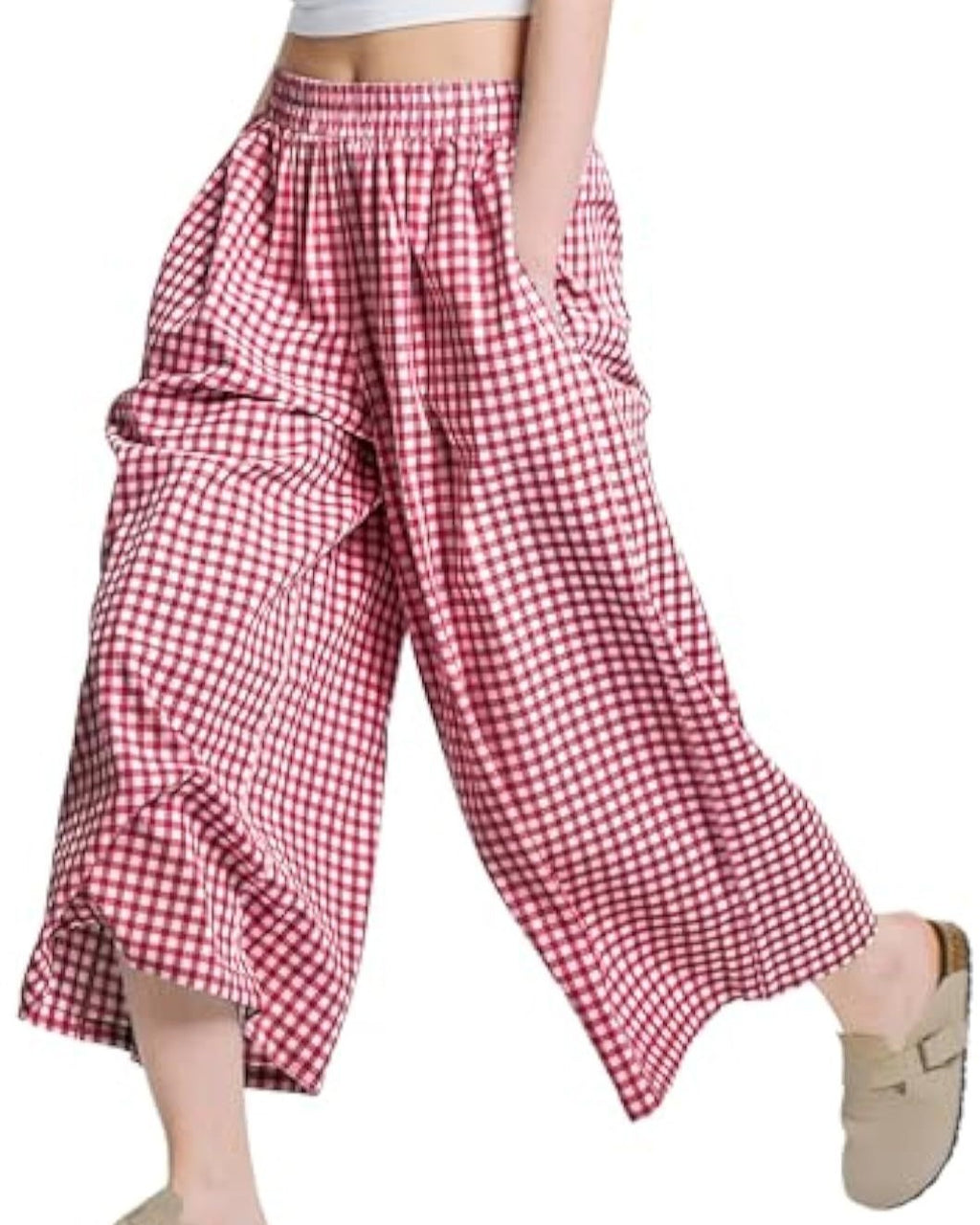 Gingham Cropped Wide Leg Culotte Pants - Red