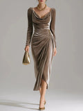 Velvet Cowl Neck Ruched Long Sleeve Midi Dress - Taupe