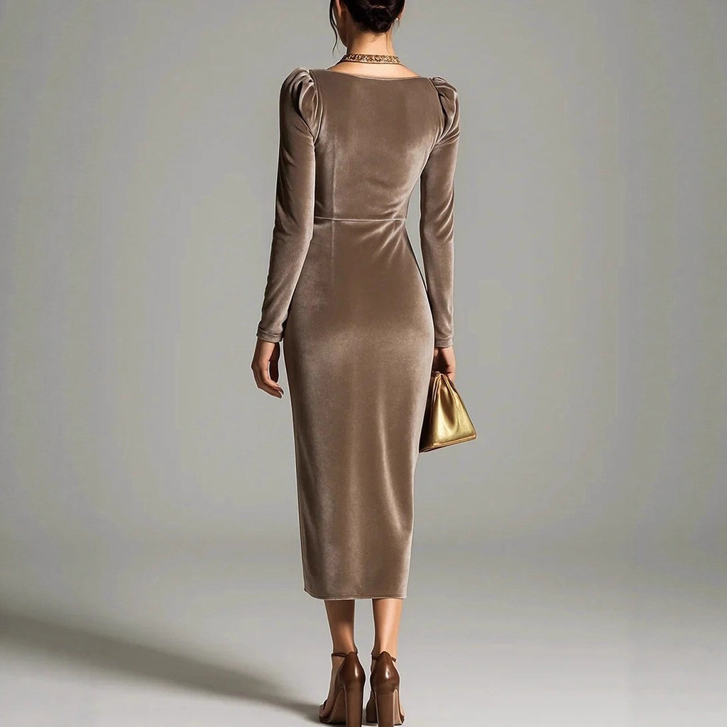 Velvet Cowl Neck Ruched Long Sleeve Midi Dress