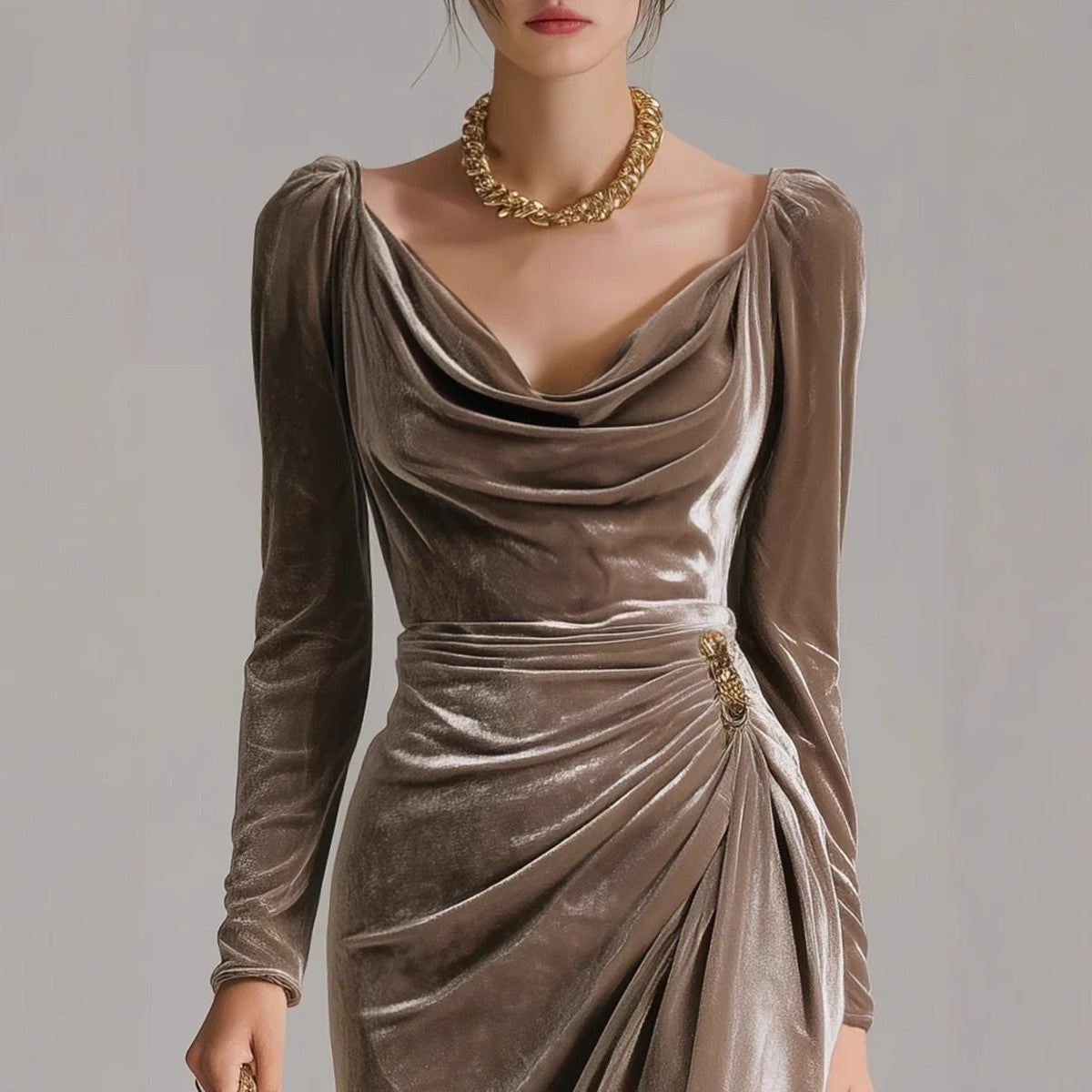 Velvet Cowl Neck Ruched Long Sleeve Midi Dress