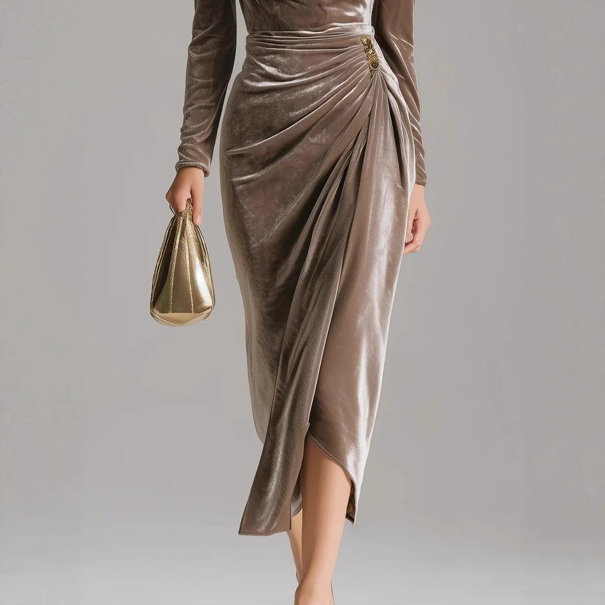 Velvet Cowl Neck Ruched Long Sleeve Midi Dress