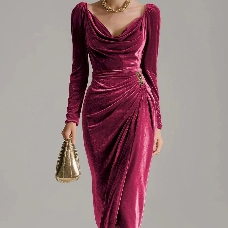 Velvet Cowl Neck Ruched Long Sleeve Midi Dress