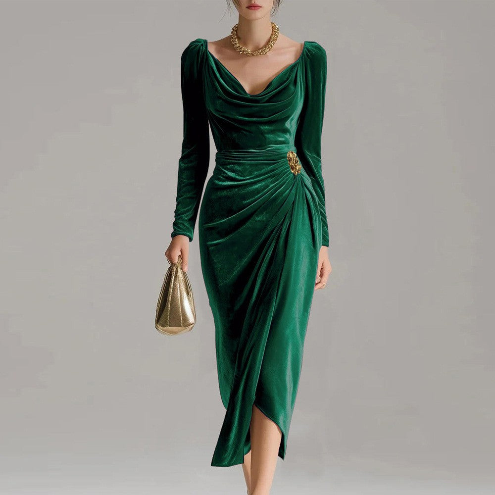 Velvet Cowl Neck Ruched Long Sleeve Midi Dress