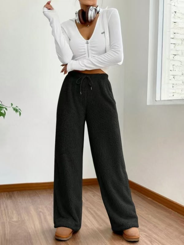 Fleece Drawstring High Waist Wide Leg Pants - Black