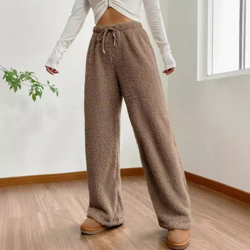 Fleece Drawstring High Waist Wide Leg Pants - Camel