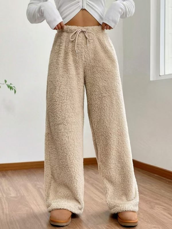 Fleece Drawstring High Waist Wide Leg Pants - Khaki