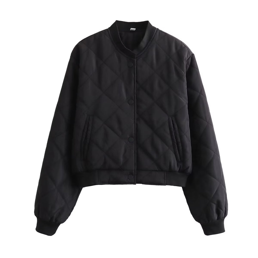 Diamond Quilted Snap Front Cropped Bomber Jacket - Black