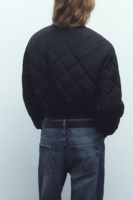 Diamond Quilted Snap Front Cropped Bomber Jacket - Black - 4