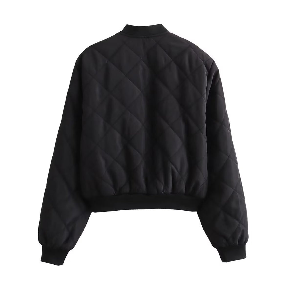 Diamond Quilted Snap Front Cropped Bomber Jacket - Black - 5