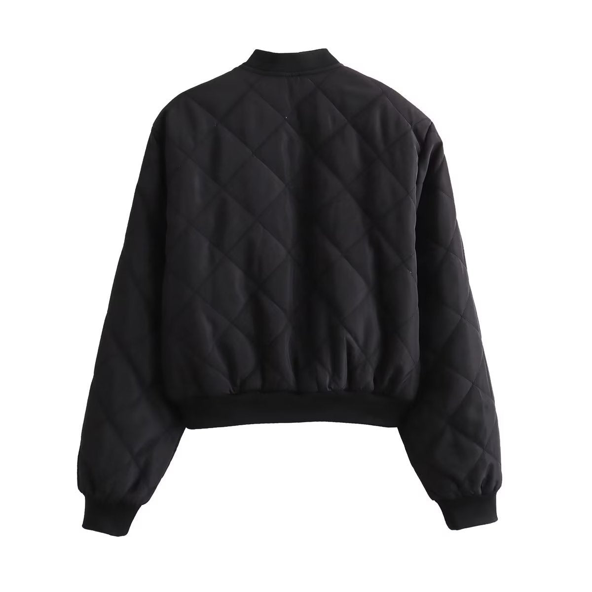 Diamond Quilted Snap Front Cropped Bomber Jacket - Black - 5
