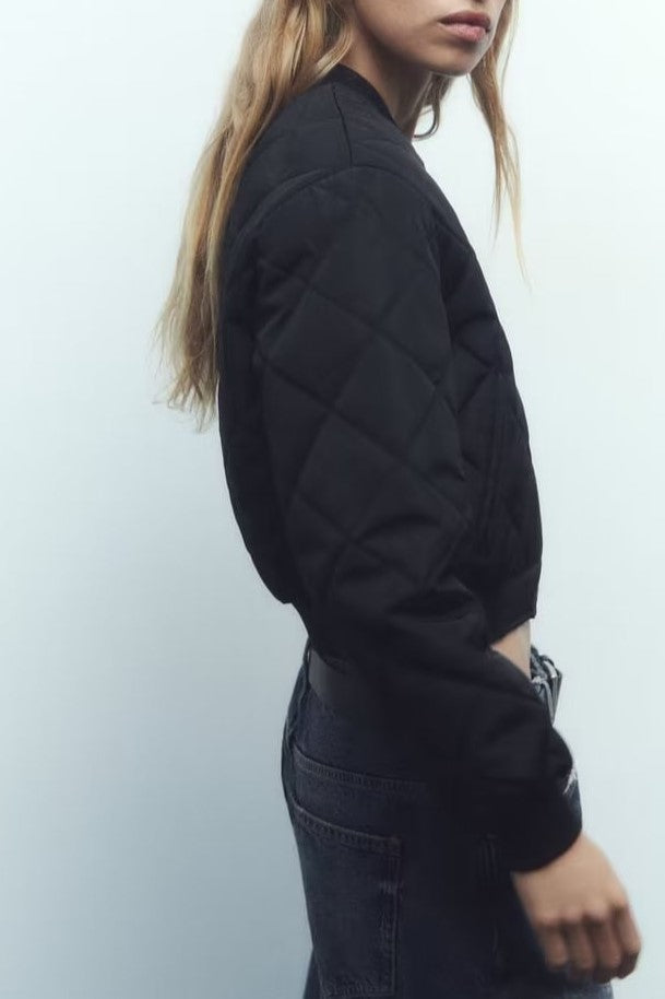 Diamond Quilted Snap Front Cropped Bomber Jacket - Black - 7