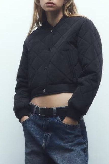 Diamond Quilted Snap Front Cropped Bomber Jacket - Black - 8