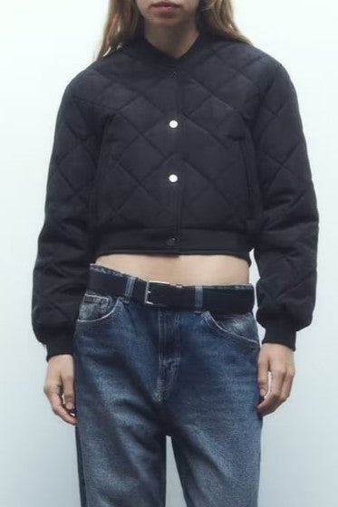 Diamond Quilted Snap Front Cropped Bomber Jacket - Black - 9