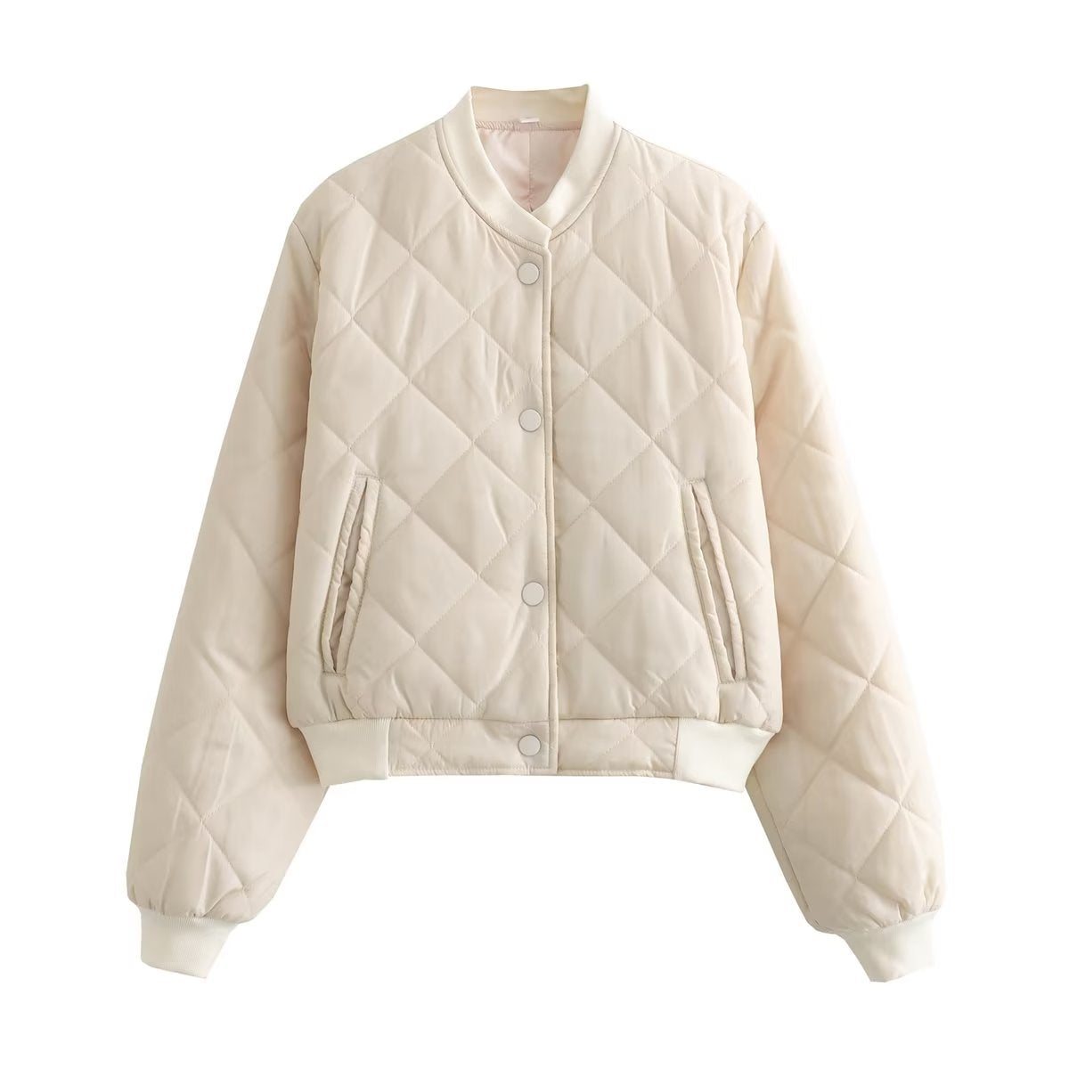 Diamond Quilted Snap Front Cropped Bomber Jacket - Off-White