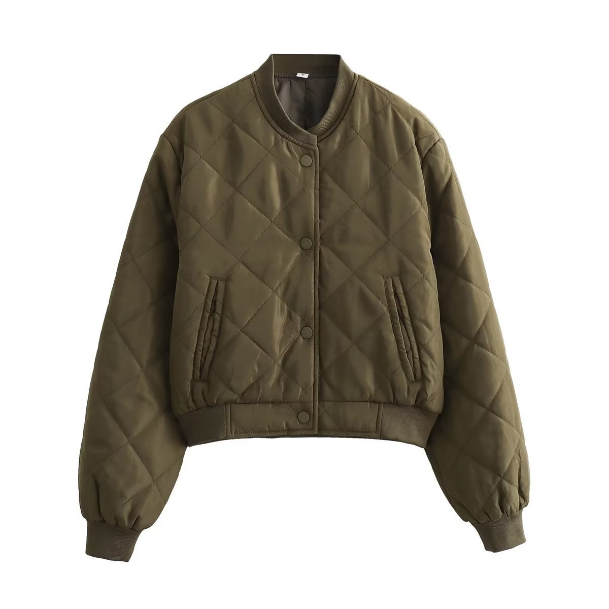 Diamond Quilted Snap Front Cropped Bomber Jacket - Olive