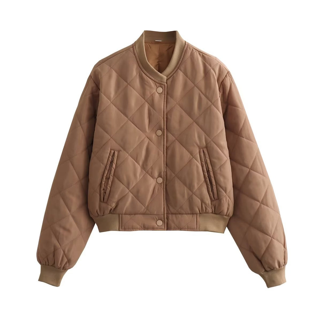 Diamond Quilted Snap Front Cropped Bomber Jacket - Thrush