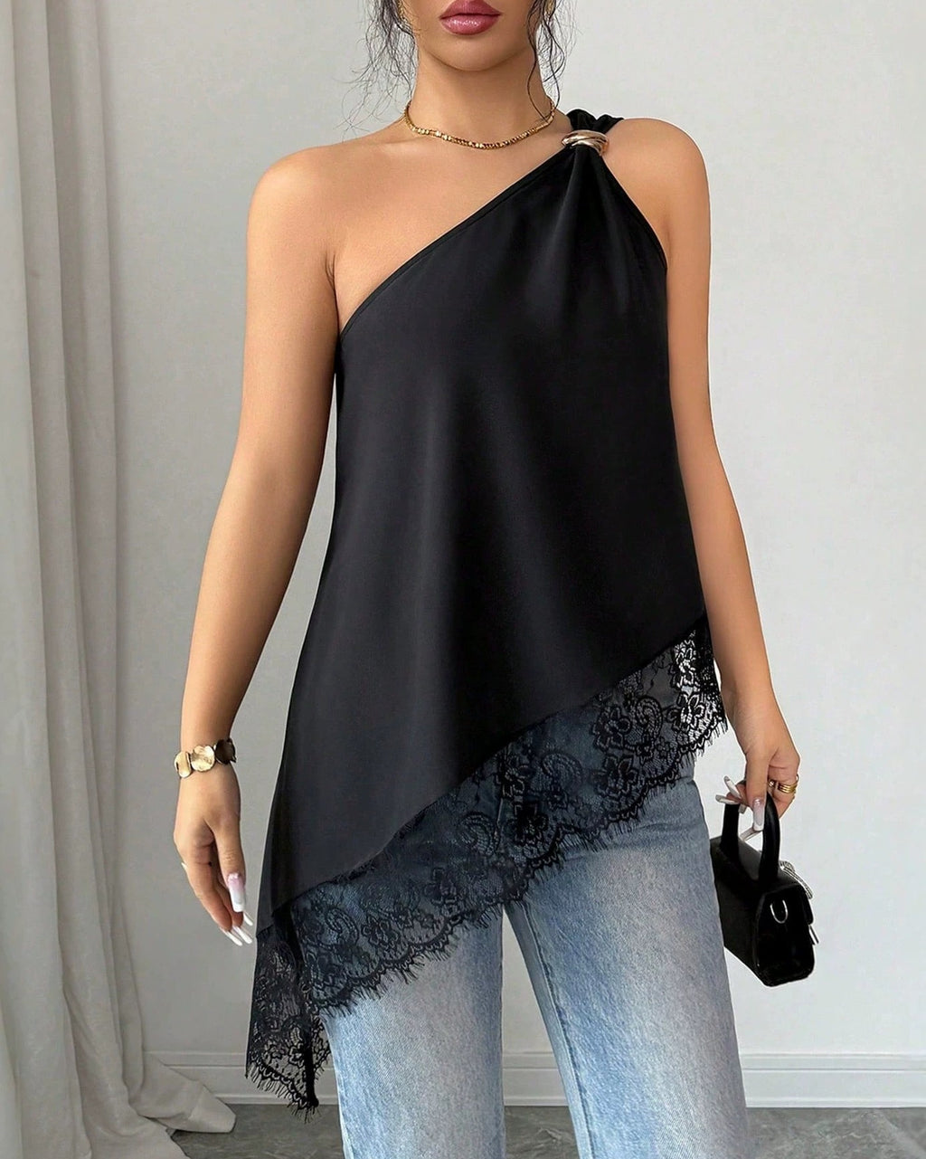 One Shoulder Draped Tank Top With Lace Trim - Black
