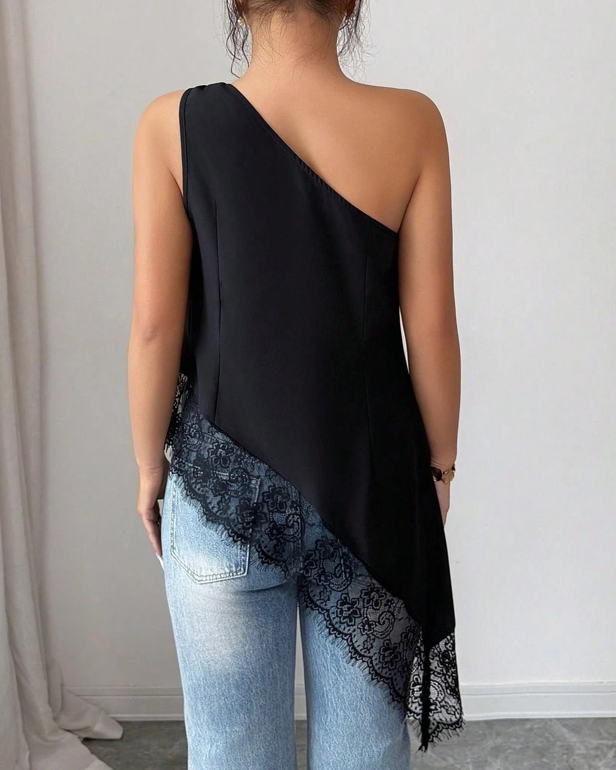 One Shoulder Draped Tank Top With Lace Trim - Black - 2