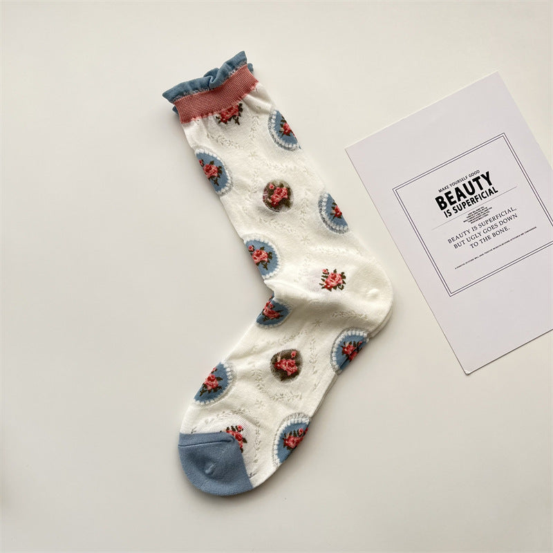 Sheer Mesh Floral Ruffle Cuff Socks - Color_1