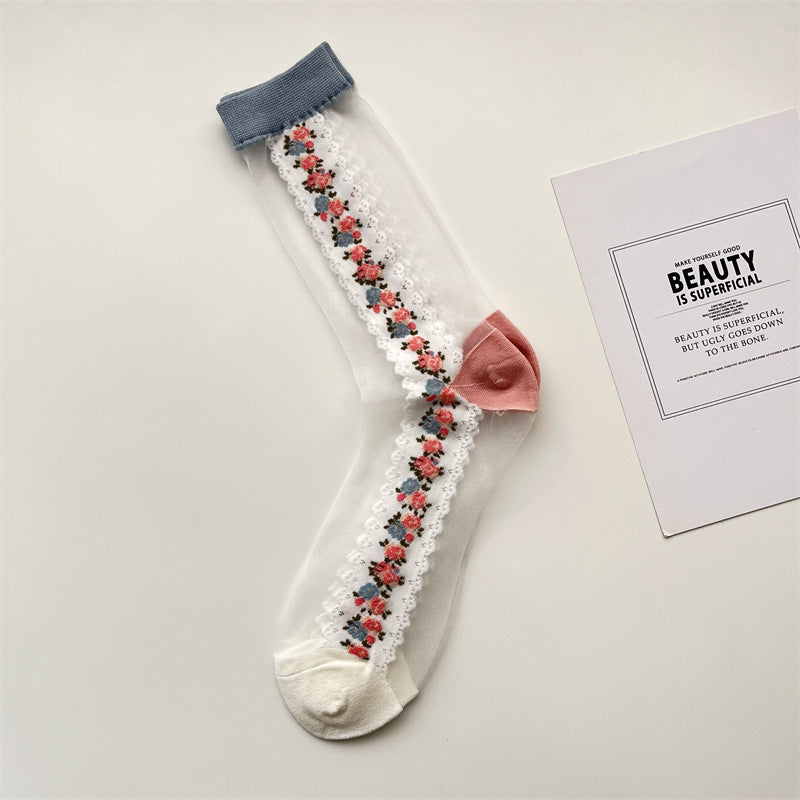 Sheer Mesh Floral Ruffle Cuff Socks - Color_2
