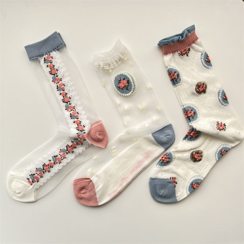 Sheer Mesh Floral Ruffle Cuff Socks