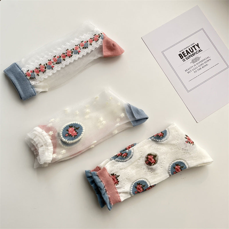 Sheer Mesh Floral Ruffle Cuff Socks - view 1