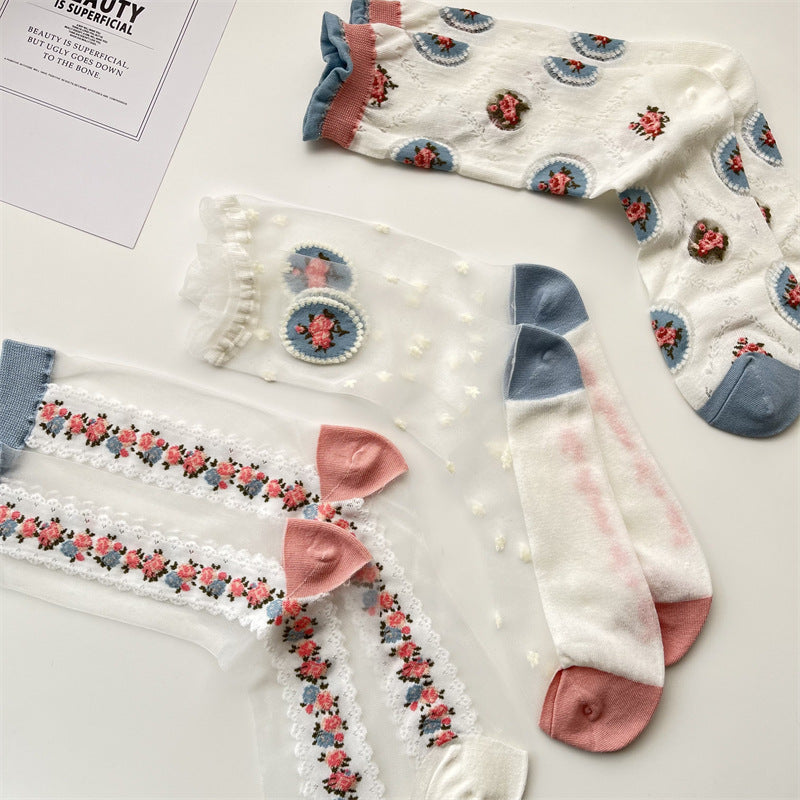 Sheer Mesh Floral Ruffle Cuff Socks - view 2