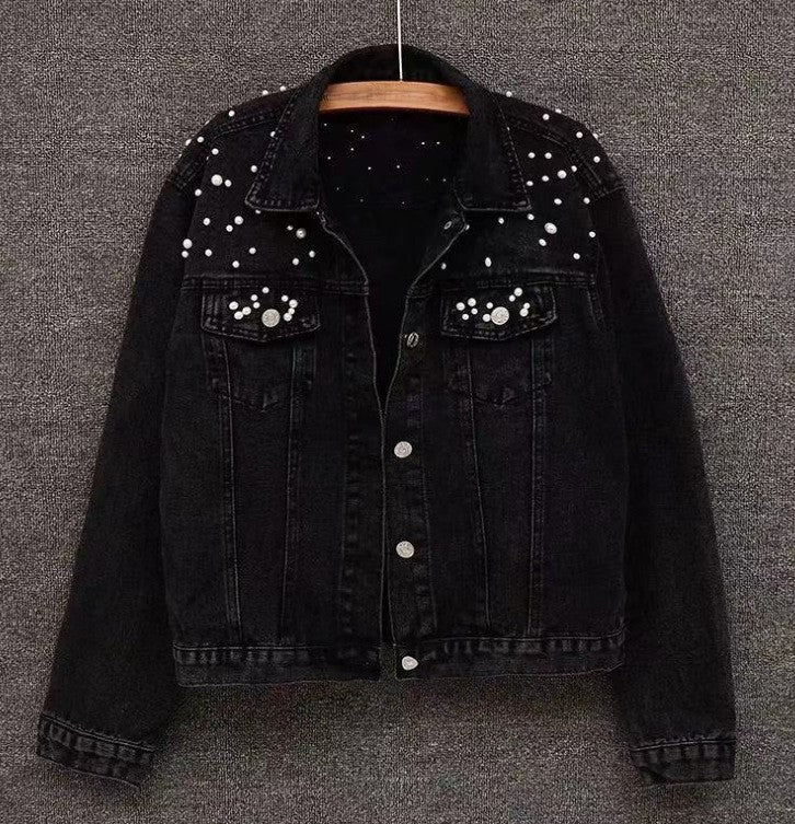 Pearl Beaded Cropped Denim Jacket - Black