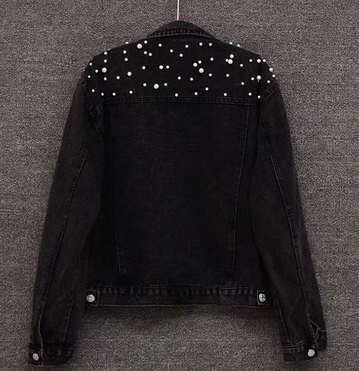 Pearl Beaded Cropped Denim Jacket - Black - 1
