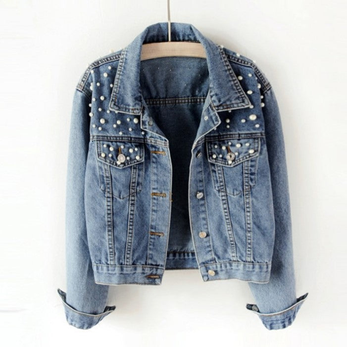 Pearl Beaded Cropped Denim Jacket - Blue