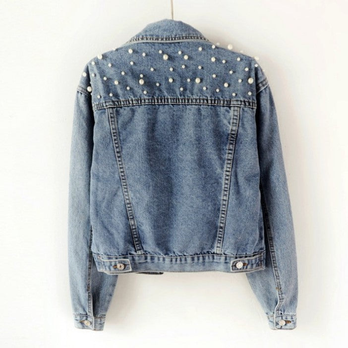 Pearl Beaded Cropped Denim Jacket - Blue - 1